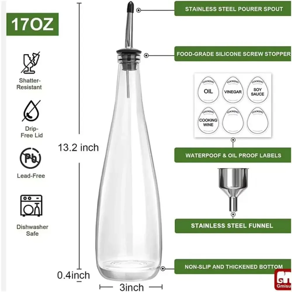 2-Pack Oil & Vinegar Dispenser Set 500ml Glass Bottles w/ Metal Pourer & Labels
